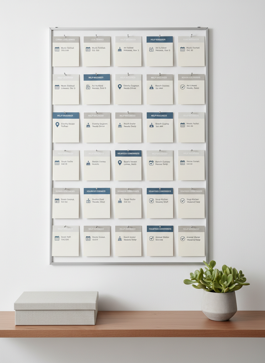 An orderly corkboard-style layout on a large white wall, filled with rectangular, neatly pinned cards representing Cyprus local events, help requests, and volunteer commitments. Each card uses a restrained palette of whites, light greys, and muted blues with small icons of calendars, location pins, and checkmarks. A slim, modern metal frame borders the board, set above a clean linear console table holding a single closed file box and a minimalist plant in a matte concrete pot. Soft studio lighting from the left casts controlled, gentle shadows, emphasizing the structure and cleanliness of the scene. Captured from a slightly elevated, straight-on angle with sharp focus throughout, the mood is calm, efficient, and community-focused, in a clean, corporate photographic style.