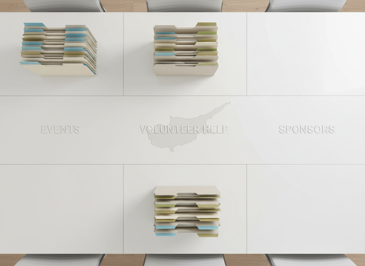 A long, polished white conference table viewed from above, divided into three clearly marked sections labeled in subtle, embossed lettering: “Events,” “Volunteer Help,” and “Sponsors.” Each section contains neatly stacked folders in coordinated neutral hues with small colored tabs—blue for events, green for volunteers, gold for sponsors. A faint outline of the map of Cyprus is subtly printed across the center of the table, tying the sections together. Overhead, even, diffused lighting creates minimal glare and soft, organized shadows along the edges of the folders. The composition is a balanced bird’s-eye view with strong linear alignment, projecting a modern, structured, and professional nonprofit identity in a photographic realism style.