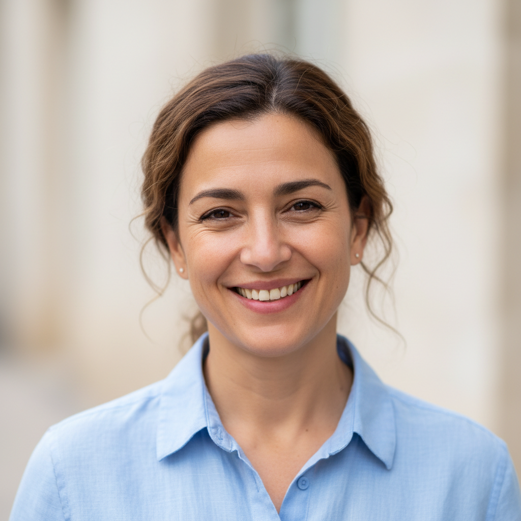 Portrait headshot of a smiling adult volunteer in Cyprus, neutral background, photographic, professional but friendly, cropped square for testimonial section.