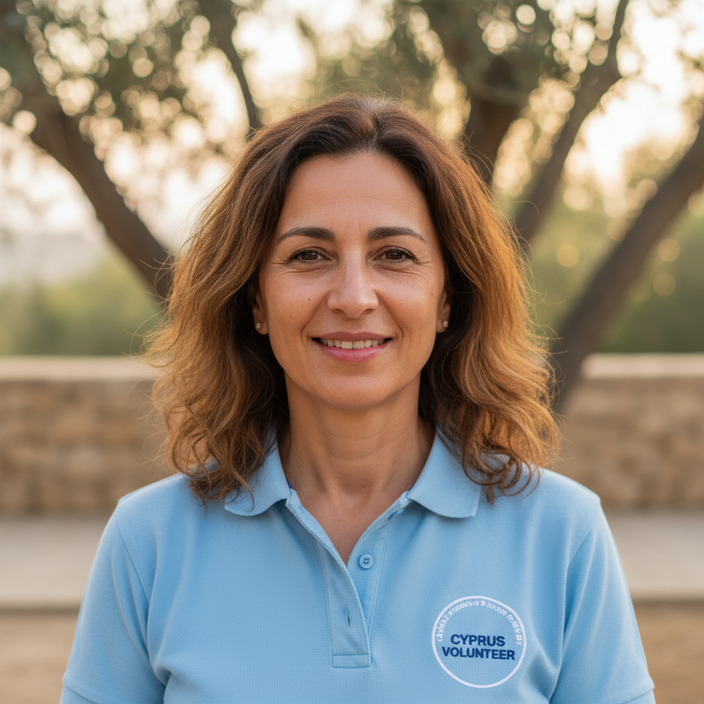 Portrait headshot of a middle-aged woman volunteer in Cyprus, neutral background, photographic, warm and approachable, cropped square for testimonial section.