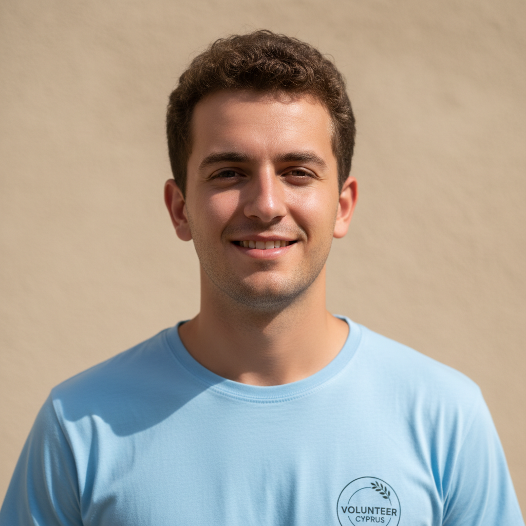 Portrait headshot of a young adult man volunteer in Cyprus, neutral background, photographic, optimistic and kind expression, cropped square for testimonial section.