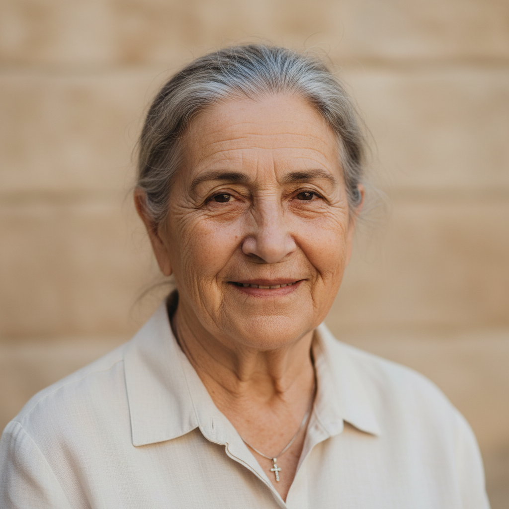 Portrait headshot of an older adult woman volunteer in Cyprus, neutral background, photographic, calm and trustworthy expression, cropped square for testimonial section.